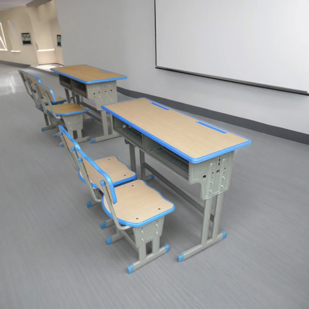 Double Student Desk and Chair Set with Storage Compartment